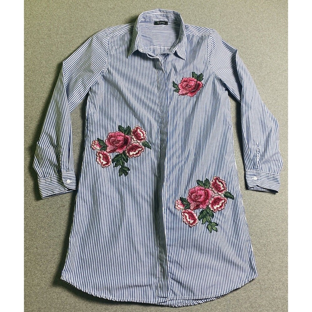 Style house Cotton Striped Embroidered Button front Tunic Blouse Sz S